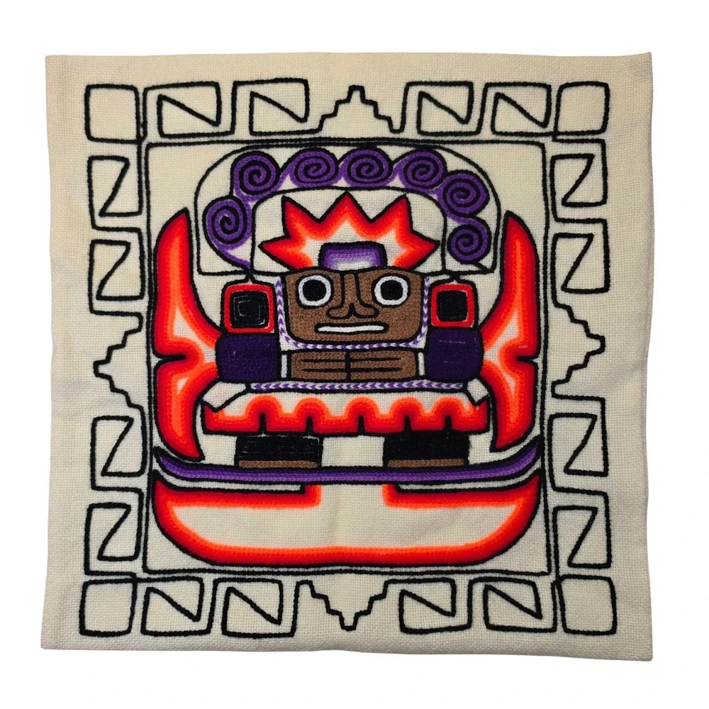 Vintage Peruvian Hand Embroidered Pillow Cover Folk Art Deity Tapestry 16.5x16.5